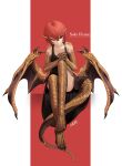 1girl absurdres bare_shoulders barefoot black_dress breasts collarbone dragon_girl dress highres hitokuirou horns original red_eyes redhead scales short_hair sitting small_breasts solo tail wings