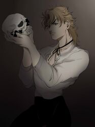  1boy blonde_hair bolo_tie dio_brando highres holding holding_skull jojo_no_kimyou_na_bouken jonya male_focus phantom_blood shadow shirt skull solo vampire white_shirt 