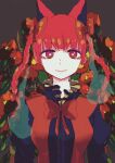  1girl adapted_costume animal_ears bow bowtie braid bright_pupils cat_ears dark_background floral_background flower juliet_sleeves kaenbyou_rin light_smile long_sleeves looking_at_viewer poppy_(flower) puffy_sleeves purasu_(76523) red_bow red_bowtie red_eyes red_flower redhead simple_background solo touhou twin_braids twintails upper_body 