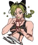  1girl ahoge braid butterfly_tattoo cat&#039;s_cradle double_bun fu_r_y green_eyes green_hair green_lips hair_cones jojo_no_kimyou_na_bouken kujo_jolyne midriff multicolored_hair smile solo stand_(jojo) star_(symbol) stone_free stone_ocean string tattoo two-tone_hair upper_body 