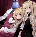  2girls :o bangs black_gloves blonde_hair blouse blush chestnut_mouth dutch_angle eyebrows_visible_through_hair feathers floating_hair gloves hair_between_eyes hair_ribbon holding light_brown_hair long_hair looking_at_viewer multiple_girls nanase_nao one_side_up open_mouth original partly_fingerless_gloves pink_eyes puffy_short_sleeves puffy_sleeves purple_ribbon ribbon short_sleeves siblings sisters twins two_side_up white_blouse 