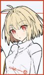  1girl :d ahoge arcueid_brunestud bangs blonde_hair border breasts commentary_request eyebrows_visible_through_hair hair_between_eyes jewelry light_blush long_sleeves looking_at_viewer medium_hair necklace red_border red_eyes sidelocks simple_background smile solo sweater tsukihime upper_body wada_arco white_background white_sweater 