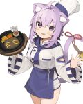  1girl :d ahoge animal_ear_fluff animal_ears apron bangs bell blue_apron breasts cat_ears cat_girl cat_tail chef_hat commentary_request eyebrows_visible_through_hair food hair_between_eyes hands_up hat highres holding hololive long_sleeves medium_breasts nekomata_okayu purple_hair red_ribbon ribbon seramikku shirt simple_background sleeves_past_wrists smile solo tail tail_bell tail_ornament tail_raised tail_ribbon violet_eyes virtual_youtuber waist_apron white_background white_headwear white_shirt wide_sleeves 