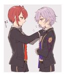  2boys androgynous blue_eyes bow epel_felmier highres kenpin looking_at_another looking_to_the_side multiple_boys necktie pale_skin purple_hair redhead ribbon riddle_rosehearts striped twisted_wonderland tying_tie 