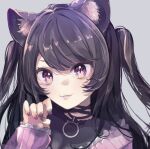  1girl :3 animal_ears bangs black_choker black_nails brown_hair cat_ears cat_girl choker claw_pose eyebrows_visible_through_hair grey_background indie_virtual_youtuber pink_eyes pink_sweater portrait re_re_merry shimotsuki_miri smile solo sweater two_side_up virtual_youtuber 