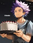  1boy adam&#039;s_apple apron bags_under_eyes bangs boku_no_hero_academia cake carrying dirty dirty_clothes dirty_face food food_on_face fruit highres holding holding_food icing light_blush looking_at_food looking_at_object male_focus messy_hair night purple_hair shinsou_hitoshi shirt short_hair short_sleeves solo spiky_hair strawberry tonbanlove twitter_username violet_eyes white_shirt window 