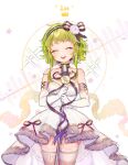  1girl ^_^ ^o^ arin_(fanfan013) bare_shoulders choker closed_eyes commentary_request detached_sleeves flower green_hair gumi hair_ornament hairband highres microphone_stand ribbon rose smile solo vocaloid white_flower white_rose 