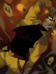  1boy blonde_hair blurry depth_of_field dio_brando headband highres jacket jojo_no_kimyou_na_bouken jonya male_focus pants red_eyes rock solo stardust_crusaders yellow_jacket yellow_pants 