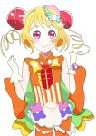  1girl :d back_bow blonde_hair blush bow brooch bun_cover cure_yum-yum delicious_party_precure double_bun drill_hair gloves green_bow hanamichi_ran hat hat_bow heart_brooch highres jewelry kozasaku3 long_hair looking_at_viewer magical_girl mini_hat open_mouth precure red_eyes smile solo striped striped_bow twin_drills upper_body white_gloves 