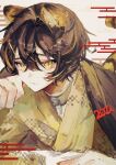  1boy absurdres animal_ears brown_hair hair_ornament hairclip highres japanese_clothes looking_at_viewer male_focus new_year original pale_skin slit_pupils solo tail tiger_boy tiger_ears tiger_tail u-sama_(u_summer0719) yellow_eyes 