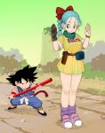  1boy 1girl absurdres age_difference ankle_boots aqua_hair bare_legs belt black_eyes black_footwear black_hair blue_eyes boots braid braided_ponytail brown_belt brown_gloves bulma character_name child closed_mouth clothes_writing day dot_nose dougi dragon_ball dragon_ball_(classic) dress fanny_pack fighting_stance fingernails full_body gloves green_scarf green_sky gun hair_ribbon hair_strand handgun hands_up height_difference highres holding holding_weapon holster holstered_weapon horizon legs_together looking_at_another looking_back looking_down loose_socks messy_hair monkey_tail mountain nature nyoibo obi outdoors pink_footwear pistol purple_legwear raised_eyebrow red_ribbon red_wristband ribbon rokoido12 rope sash scarf serious shiny shiny_hair shoes short_dress short_sleeves single_glove sky socks son_goku spiky_hair standing striped striped_dress tail vertical-striped_dress vertical_stripes watch watch weapon white_sash wristband yellow_dress 