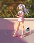1girl artist_logo artist_name bare_legs boku_no_hero_academia breasts cellphone character_name cross-laced_footwear cross-laced_sandals earrings eri_(boku_no_hero_academia) highres holding holding_phone jewelry linkartoon long_hair looking_back outdoors phone ponytail red_eyes sandals shirt short_sleeves smartphone solo t-shirt twintails viewfinder wedge_heels white_footwear white_hair