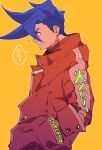  1boy absurdres blue_eyes blue_hair firefighter galo_thymos hand_in_pocket highres jacket jonya male_focus orange_background oversized_clothes profile promare solo spiky_hair 