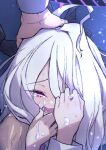  1girl alternate_costume blue_archive blush commentary_request crying crying_with_eyes_open hair_over_one_eye headpat highres hina_(blue_archive) horns long_hair looking_at_viewer missile_(pixiv) night open_mouth silver_hair solo_focus spoilers tears 