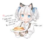  1girl :d animal_ear_fluff animal_ears blue_eyes blue_ribbon blush brown_dress center_frills collared_shirt commentary_request copyright_request dress food frills fruit grey_hair hair_ribbon holding holding_plate juliet_sleeves long_sleeves looking_at_viewer pancake plate puffy_sleeves ribbon shirt simple_background sleeveless sleeveless_dress smile solo strawberry translation_request twintails wataame27 white_background white_shirt 