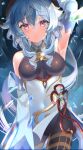  1girl :o arm_at_side arm_up armpits bell black_legwear blue_hair blue_theme bodysuit breasts covered_navel cowboy_shot detached_sleeves eyebrows_visible_through_hair ganyu_(genshin_impact) genshin_impact hair_between_eyes hair_over_breasts highres horns ice_crystal long_hair looking_at_viewer medium_breasts moco_(moco_michi) neck_bell open_mouth parted_lips sidelocks skin_tight solo standing violet_eyes 