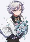  1boy androgynous blue_eyes collared_shirt epel_felmier flower formal highres kenpin looking_at_viewer looking_to_the_side necktie pale_skin pants purple_hair shirt solo suit twisted_wonderland 