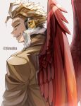  1boy blonde_hair boku_no_hero_academia costume facial_hair facial_mark feathered_wings from_behind fur-trimmed_jacket fur_trim goatee grin hawks_(boku_no_hero_academia) headphones highres jacket long_bangs looking_at_viewer looking_back male_focus open_mouth red_feathers red_wings shadow short_hair simple_background smile solo tonbanlove twitter_username wings yellow_eyes 