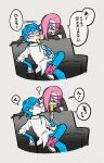  blue_eyes blue_hair bridal_gauntlets couch food ghiaccio highres jojo_no_kimyou_na_bouken karabako male_focus melone pink_hair popsicle shoes sitting sneakers translation_request vento_aureo 