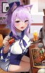  1girl :d animal_ear_fluff animal_ears bangs blue_hair blue_neckerchief blush breasts cat_ears commentary_request cup eyebrows_visible_through_hair food fork hat highres holding holding_fork hololive incoming_food knife large_breasts long_hair long_sleeves looking_at_viewer multicolored_hair neckerchief nekomata_okayu onigirya_(nekomata_okayu) purple_hair shirt shorts sitting smile solo sora_no_tori steak streaked_hair violet_eyes virtual_youtuber white_shirt white_shorts 