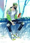  1boy apex_legends black_shorts cellphone coffee_cup collarbone cup disposable_cup earrings goggles green_hair green_jacket hair_slicked_back highres holding holding_cup holding_phone jacket jewelry jiro_(regoied) male_focus mask mechanical_legs mouth_mask octane_(apex_legends) phone shorts sitting smartphone solo tree 