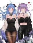  ahoge armpits bangs bare_shoulders bell black_pants blue_hair bra breasts chain choker cowbell crop_top detached_sleeves double_bun flower ganyu_(genshin_impact) genshin_impact goat_horns hair_cones hair_ears heart highres horns in_stroll keqing_(genshin_impact) lace-trimmed_bra lace_trim large_breasts leather leather_pants licking_lips long_hair looking_at_viewer medium_breasts midriff_peek neck_bell neck_tassel pants pantyhose playboy_bunny purple_choker purple_hair simple_background tongue tongue_out twintails underwear violet_eyes white_background 