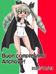  1girl :d anchovy_(girls_und_panzer) arm_up bangs black_cape black_footwear black_ribbon boots brown_eyes cape character_name commentary dated drill_hair eyebrows_visible_through_hair flag_background full_body girls_und_panzer green_hair hair_ribbon happy_birthday holding italian_flag italian_text knee_boots long_hair looking_at_viewer old_school_swimsuit one-piece_swimsuit open_mouth outline ribbon riding_crop school_swimsuit smile solo standing swimsuit takahashi_kurage translated twin_drills twintails white_outline white_swimsuit 