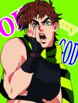  1boy brown_hair crop_top fingerless_gloves gloves green_eyes green_scarf hand_on_own_cheek hand_on_own_face highres jojo_no_kimyou_na_bouken jonya joseph_joestar joseph_joestar_(young) male_focus midriff scarf solo striped striped_scarf surprised 