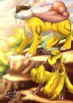  absurdres blue_eyes claws clouds commentary_request day highres kaichi_(tomiyu25) no_humans one_knee outdoors pokemon pokemon_(creature) raikou signature sky yellow_fur zeraora 