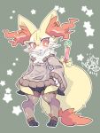  1girl absurdres animal_ear_fluff animal_ears arm_behind_back black_fur blush braixen breasts brown_legwear clenched_teeth clothed_pokemon dated embarrassed fox_ears fox_tail full_body furry furry_female green_background hand_on_hip highres looking_at_viewer multicolored_fur off-shoulder_sweater off_shoulder open_mouth orange_eyes orange_fur outline pigeon-toed pokemon pokemon_(creature) red_nose shiongaze signature simple_background sleeves_past_wrists slit_pupils small_breasts solo standing star_(symbol) sweater symbol-only_commentary tail teeth thigh-highs thigh_gap tsurime white_fur white_outline wide_hips yellow_fur 