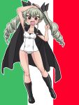  1girl :d anchovy_(girls_und_panzer) arm_up bangs black_cape black_footwear black_ribbon boots brown_eyes cape commentary drill_hair eyebrows_visible_through_hair flag_background full_body girls_und_panzer green_hair hair_ribbon holding italian_flag knee_boots long_hair looking_at_viewer old_school_swimsuit one-piece_swimsuit open_mouth outline ribbon riding_crop school_swimsuit smile solo standing swimsuit takahashi_kurage textless twin_drills twintails white_outline white_swimsuit 