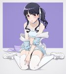  1girl absurdres artist_request black_hair commentary_request fukumaru_koito full_body hair_ribbon highres idolmaster idolmaster_shiny_colors jacket long_hair looking_at_viewer midriff navel off_shoulder open_clothes open_jacket open_mouth purple_background ribbon shoes shorts side_ponytail sitting sneakers solo thigh-highs two-tone_background violet_eyes wariza white_background white_footwear white_legwear white_shorts 