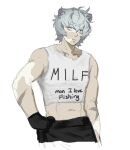  1boy abs animal_ears arknights bags_under_eyes bear_boy bear_ears bearywobbly bishounen commentary english_commentary english_text jaye_(arknights) male_focus simple_background sketch solo tank_top tired toned toned_male white_background white_hair 