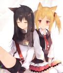  2girls :o animal_ear_fluff animal_ears arknights bangs between_legs black_capelet black_gloves black_hair black_shorts black_vest blonde_hair blush capelet closed_mouth collared_shirt eyebrows_visible_through_hair fingerless_gloves gloves hair_between_eyes hand_between_legs jacket long_hair long_sleeves multiple_girls parted_lips pleated_skirt puffy_long_sleeves puffy_sleeves red_eyes red_skirt shirt short_shorts shorts sitting skirt sora_(arknights) texas_(arknights) thigh-highs toufu_mentaru_zabuton twintails very_long_hair vest white_jacket white_legwear white_shirt 