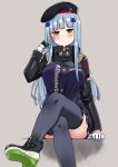  1girl arm_support bangs beret blue_hair blunt_bangs blush_stickers breasts crossed_legs german_flag girls_frontline gloves green_eyes grey_background hair_ornament hand_in_hair hat highres hk416_(girls&#039;_frontline) large_breasts long_hair looking_at_viewer miniskirt shinatsukou shoes simple_background sitting skirt solo teardrop_tattoo thigh-highs zettai_ryouiki 