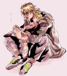  2boys alternate_costume applying_bandages blonde_hair child dio_brando father_and_son giorno_giovanna headband highres hood hoodie jojo_no_kimyou_na_bouken jonya lipstick long_hair makeup male_focus mullet multiple_boys red_eyes shoes sneakers stardust_crusaders time_paradox younger 