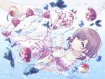  1girl artist_request bangs bow brown_hair cherry commentary_request food fruit gloves hair_bow hair_ornament hairclip higuchi_madoka idolmaster idolmaster_shiny_colors looking_at_viewer low_twintails mole mole_under_eye parfait short_hair solo strawberry swept_bangs twintails underwater violet_eyes white_gloves 
