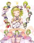  :d ^_^ ^o^ arin_(fanfan013) bare_shoulders chibi choker closed_eyes commentary_request detached_sleeves flower green_hair gumi hair_ornament hairband highres microphone_stand ribbon rose smile vocaloid white_flower white_rose 