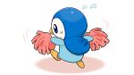  blue_eyes closed_mouth commentary_request flying_sweatdrops from_behind full_body holding holding_pom_poms leg_up no_humans official_art piplup pokemon pokemon_(creature) pom_pom_(cheerleading) project_pochama solo standing standing_on_one_leg sweatdrop white_background 