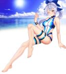 1girl absurdres arms_up ass bangs blue_bow blue_jacket blue_swimsuit blush bow breasts fate/grand_order fate_(series) highleg highleg_swimsuit highres large_breasts long_hair looking_at_viewer multicolored multicolored_clothes multicolored_swimsuit one-piece_swimsuit ponytail riddle_(enigmasli) silver_hair solo swimsuit tomoe_gozen_(fate) tomoe_gozen_(swimsuit_saber)_(fate) two-tone_swimsuit white_swimsuit