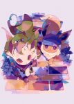  :3 blue_headwear brick_floor cabbie_hat closed_mouth eevee hat hatted_pokemon highres leafeon no_humans oharu-chan pokemon pokemon_(creature) red_eyes smile standing violet_eyes 