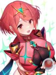  1girl bangs black_gloves blush breasts chest_jewel earrings fingerless_gloves gloves green322 highres jewelry large_breasts looking_at_viewer open_mouth pyra_(xenoblade) red_eyes redhead short_hair short_shorts shorts smile solo swept_bangs tiara xenoblade_chronicles_(series) xenoblade_chronicles_2 
