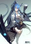  1girl ;d absurdres arknights artist_name bangs black_gloves blue_background blue_eyes blue_hair breasts cup dragon_girl dragon_horns dragon_tail dress earrings elbow_gloves eyebrows_visible_through_hair gloves gourd gradient gradient_background highres holding holding_cup horns jewelry ling_(arknights) long_hair long_sleeves looking_at_viewer medium_breasts necktie one_eye_closed parted_lips pointy_ears qiumoyixing sitting sketch smile solo tail very_long_hair weibo_username white_dress wide_sleeves yellow_necktie 