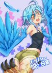  1girl ahoge ass bangs bird_legs blue_hair blue_wings copyright_name eyebrows_visible_through_hair feathered_wings feathers harpy keroroblack looking_at_viewer looking_back monster_girl monster_musume_no_iru_nichijou open_mouth papi_(monster_musume) short_hair shorts solo talons winged_arms wings yellow_eyes 