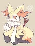  1girl absurdres animal_ear_fluff animal_ears black_fur blush_stickers braixen breasts brown_background chestnut_mouth dated fang fox_ears fox_tail full_body furry furry_female hand_on_thigh hand_up highres looking_at_viewer multicolored_fur open_mouth orange_eyes orange_fur outline pokemon pokemon_(creature) red_nose shiongaze signature simple_background sitting skin_fang slit_pupils small_breasts solo stick tail tsurime white_fur white_outline wide_hips yellow_fur yokozuwari 