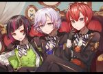  3boys absurdres androgynous black_hair blue_eyes bow epel_felmier gloves highres kenpin lilia_vanrouge multicolored_hair multiple_boys necktie pale_skin pink_hair pointy_ears purple_hair red_eyes redhead riddle_rosehearts school_uniform striped twisted_wonderland 