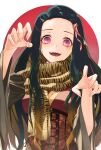  1girl absurdres animal_print black_hair brown_hair check_commentary chuuni227 claw_pose clothing_request commentary_request fingernails forehead gradient gradient_background gradient_hair green_hair hair_ribbon hands_up highres kamado_nezuko kimetsu_no_yaiba long_hair long_sleeves looking_at_viewer multicolored_hair open_mouth pink_eyes pink_ribbon print_scarf red_background ribbon scarf sharp_fingernails smile solo teeth tiger_print upper_body white_background wide_sleeves 