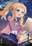  1girl blonde_hair blush bow cardigan green_eyes green_neckwear green_ribbon highres holding holding_map inose_mai koisuru_asteroid long_hair map open_cardigan open_clothes open_mouth pink_cardigan ponytail ribbon school_uniform smile solo taku_michi thick_eyebrows 