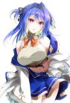  1girl 774_inc. bangs bare_shoulders belt black_ribbon blue_hair blue_skirt blush bow breasts brown_belt cowboy_shot eyebrows_visible_through_hair fuyuno_taka gem green_hair hair_between_eyes hair_intakes hair_ribbon head_tilt highres hiyoku_no_crosspiece jacket large_breasts leaning_forward long_hair looking_at_viewer midriff mole mole_on_stomach mole_under_eye off_shoulder open_clothes open_jacket orange_bow parted_lips ribbed_shirt ribbon shirt simple_background skirt smile solo striped striped_shirt suzumi_nemo two_side_up violet_eyes virtual_youtuber white_background white_jacket white_shirt wind wind_lift 