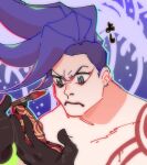  1boy applying_makeup blue_hair compact_(cosmetics) concentrating eyeliner galo_thymos gloves highres jonya makeup makeup_brush male_focus promare sidecut solo spiky_hair 